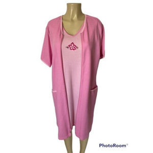 Stan Herman House Coat Night Gown Set Size M Pink Cotton Zip Up Short Sleeve New